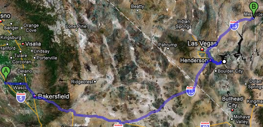 The route through Las Vegas to Mesquite